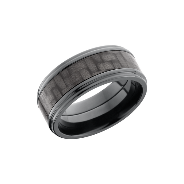 Zirconium 9mm flat band with grooved edge and a 5mm inlay of black Carbon Fiber Toner Jewelers Overland Park, KS