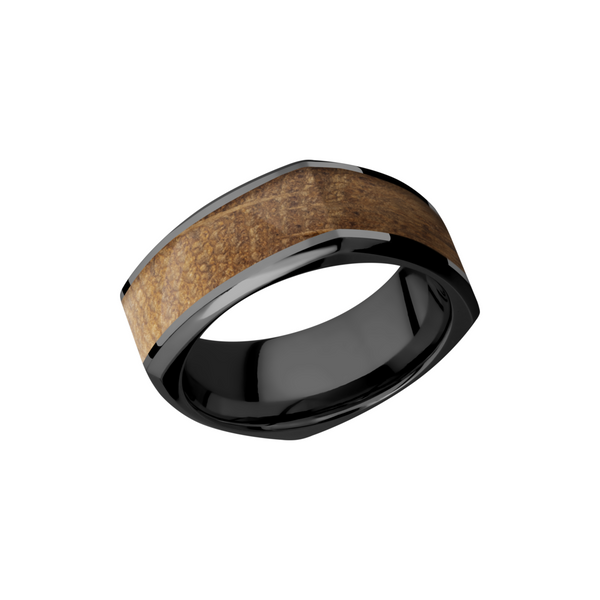 Zirconium 8mm beveled square band with an inlay of Whiskey Barrel hardwood Cozzi Jewelers Newtown Square, PA