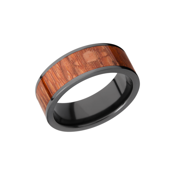 Zirconium 8mm flat band with an inlay of Leopard wood Toner Jewelers Overland Park, KS