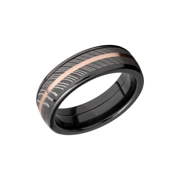 Zirconium domed 7mm band with a 5mm inlay of handmade Damascus steel and a 1mm inlay of 14K rose gold Toner Jewelers Overland Park, KS