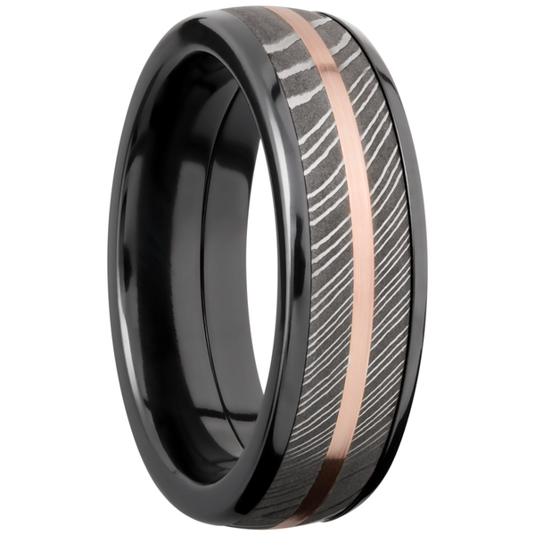Zirconium domed 7mm band with a 5mm inlay of handmade Damascus steel and a 1mm inlay of 14K rose gold Image 2 Quality Gem LLC Bethel, CT
