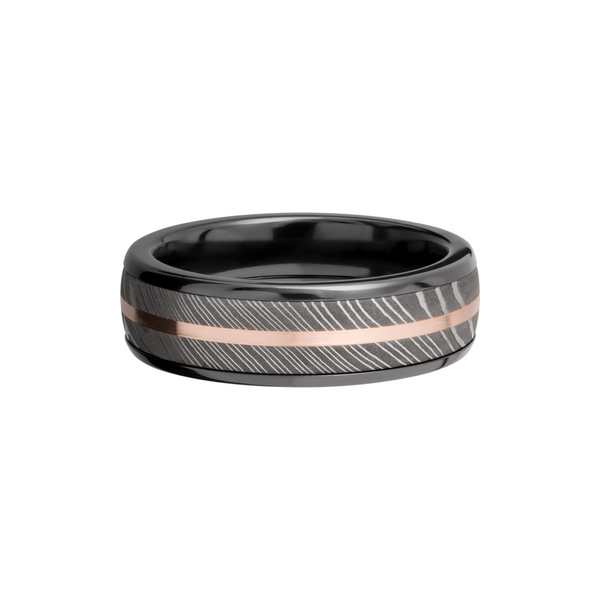 Zirconium domed 7mm band with a 5mm inlay of handmade Damascus steel and a 1mm inlay of 14K rose gold Image 3 Toner Jewelers Overland Park, KS