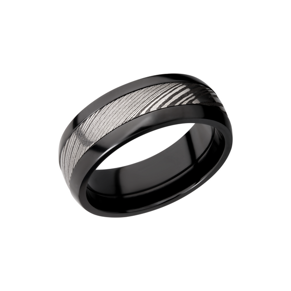 Zirconium domed 8mm band with a 4mm inlay of handmade Damascus steel Toner Jewelers Overland Park, KS