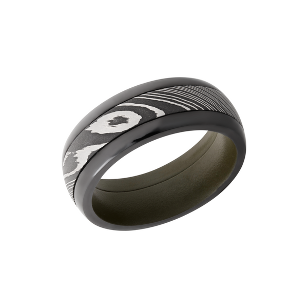Zirconium pressed fit 8mm domed band with a 4mm inlay of Damascus steel and a Cerakote sleeve Toner Jewelers Overland Park, KS