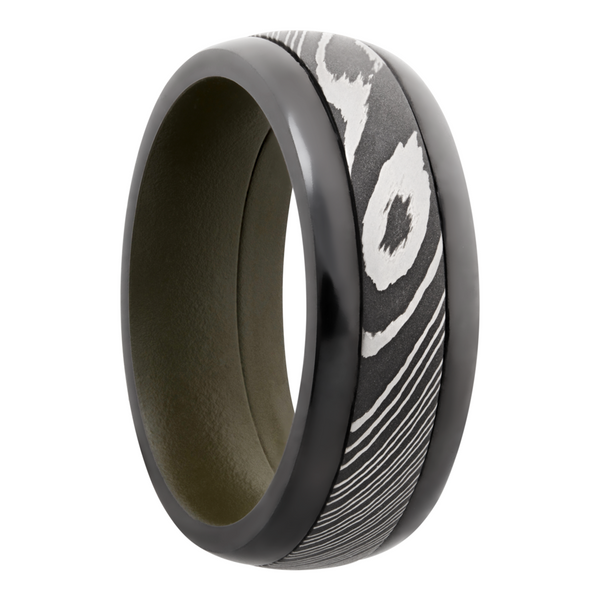 Zirconium pressed fit 8mm domed band with a 4mm inlay of Damascus steel and a Cerakote sleeve Image 2 Toner Jewelers Overland Park, KS