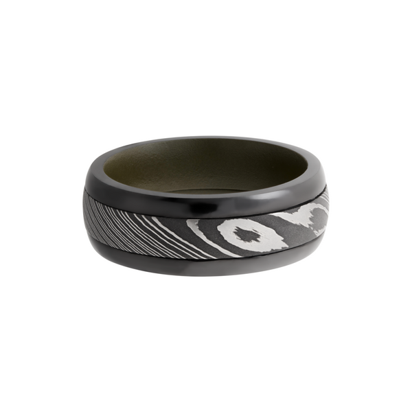 Zirconium pressed fit 8mm domed band with a 4mm inlay of Damascus steel and a Cerakote sleeve Image 3 Toner Jewelers Overland Park, KS