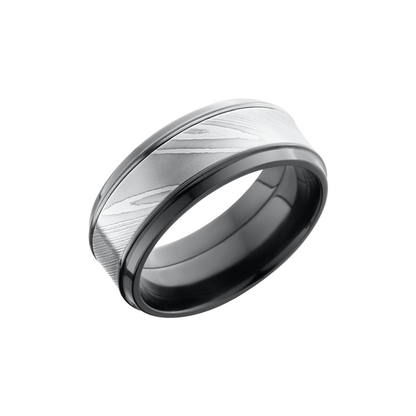 Zirconium 9mm beveled band with an inlay of handmade Damascus steel Cozzi Jewelers Newtown Square, PA