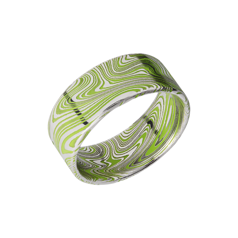 Damascus Steel & Cerakote Wedding Band - Marble Damascus steel 9mm flat band with slightly rounded edges and Zombie Green Cerakote in the recessed pattern