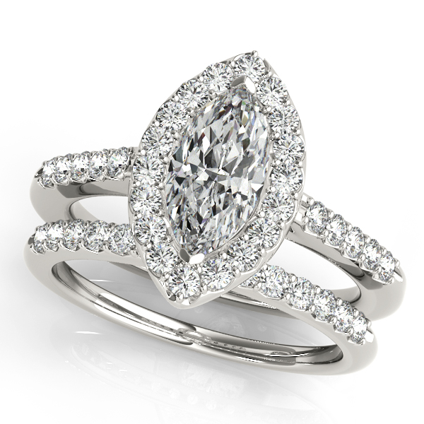 Marquise Cut Halo Diamond Wedding Ring Set 1.25 Carat Total 14K Gold J,I1