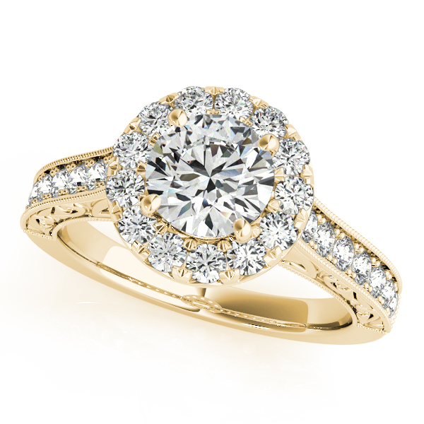 14K Yellow Gold Engraved Diamond Halo Engagement Ring J Gowen Jewelry Comfort, TX