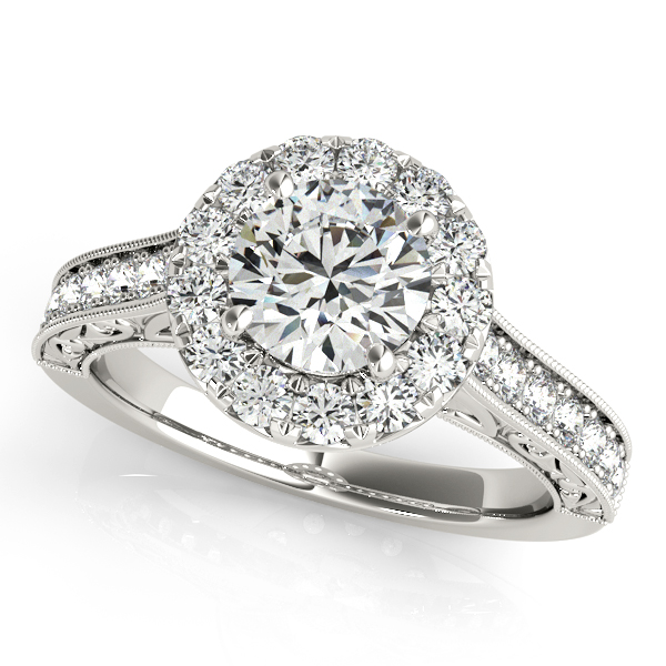 14K White Gold Engraved Diamond Halo Engagement Ring Grono and Christie Jewelers East Milton, MA