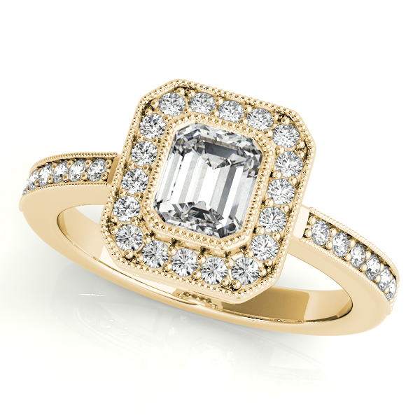 18K Yellow Gold Emerald Halo Engagement Ring Brax Jewelers Newport Beach, CA