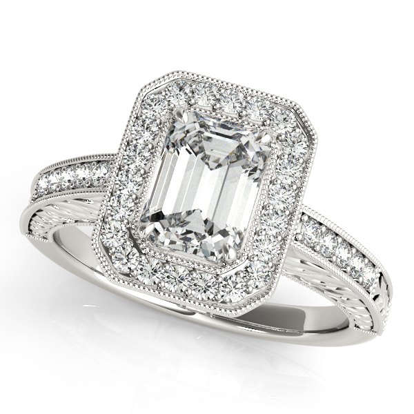 18K White Gold Emerald Halo Engagement Ring Bonafine Jewelers Inc. Lexington, MA