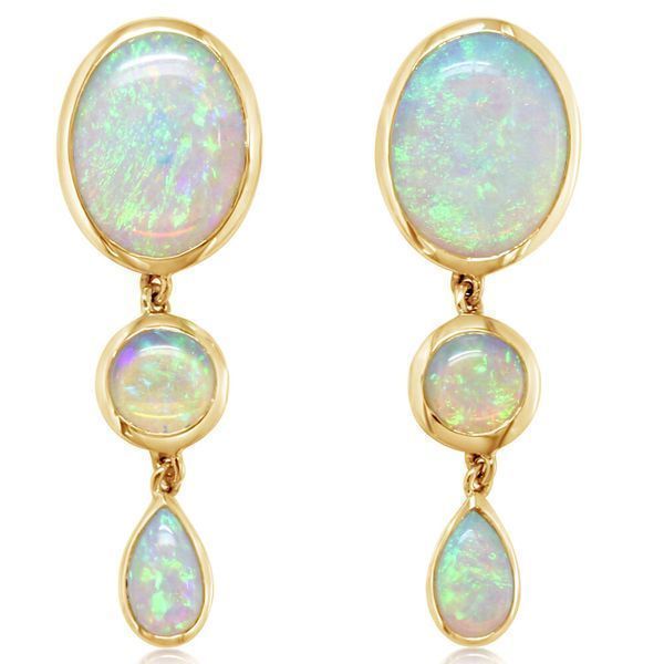Yellow Gold Calibrated Light Opal Earrings Blue Heron Jewelry Company Poulsbo, WA