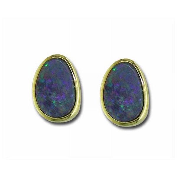 Yellow Gold Opal Doublet Earrings John E. Koller Jewelry Designs Owasso, OK