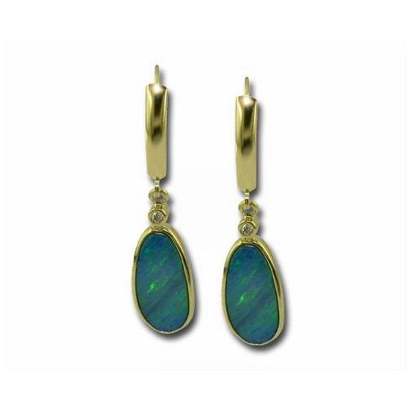 Yellow Gold Opal Doublet Earrings John E. Koller Jewelry Designs Owasso, OK