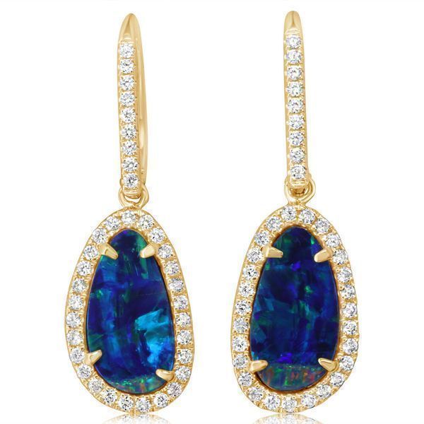Yellow Gold Opal Doublet Earrings Brynn Elizabeth Jewelers Ocean Isle Beach, NC