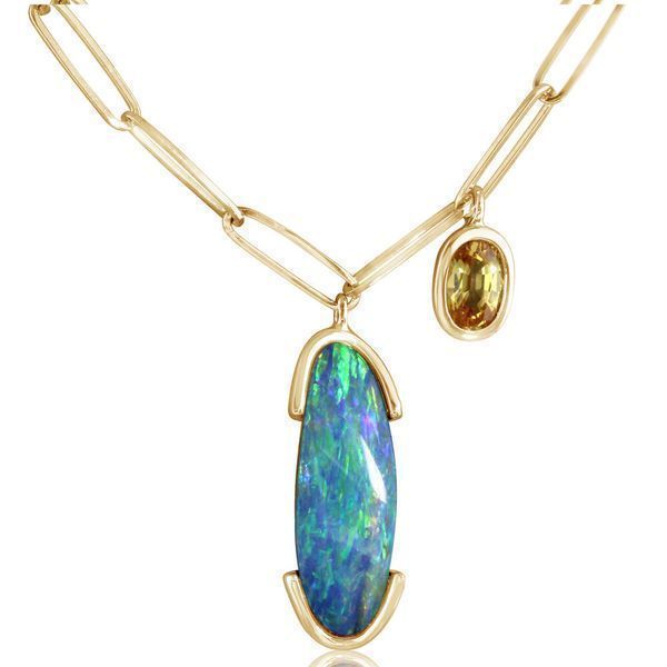 Yellow Gold Opal Doublet Necklace Brynn Elizabeth Jewelers Ocean Isle Beach, NC