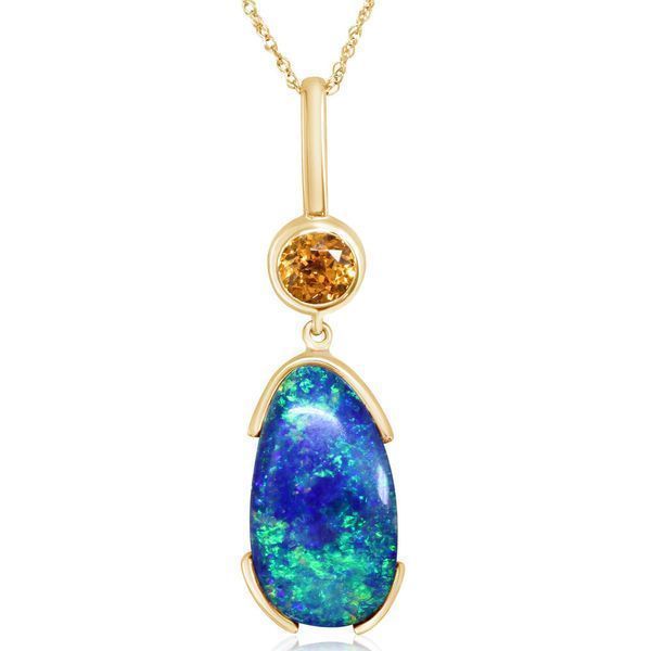 Yellow Gold Opal Doublet Pendant Brynn Elizabeth Jewelers Ocean Isle Beach, NC