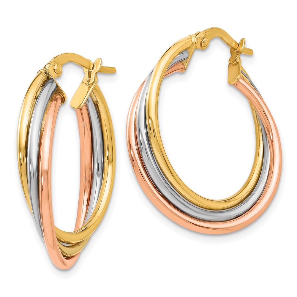 14K Tri-Color Gold Polished Textured Hoop Earrings Image 2 Brummitt Jewelry Design Studio LLC Raleigh, NC
