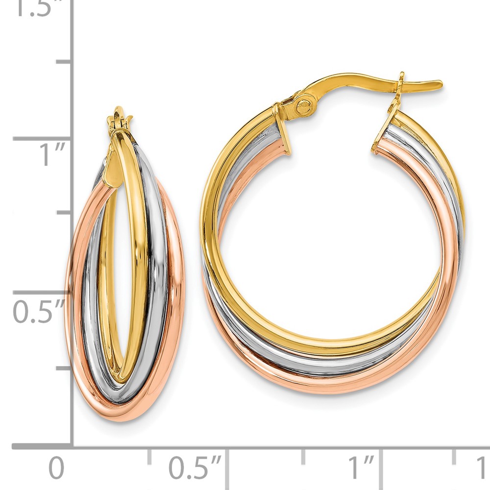 14K Tri-Color Gold Polished Textured Hoop Earrings Image 3 Brummitt Jewelry Design Studio LLC Raleigh, NC