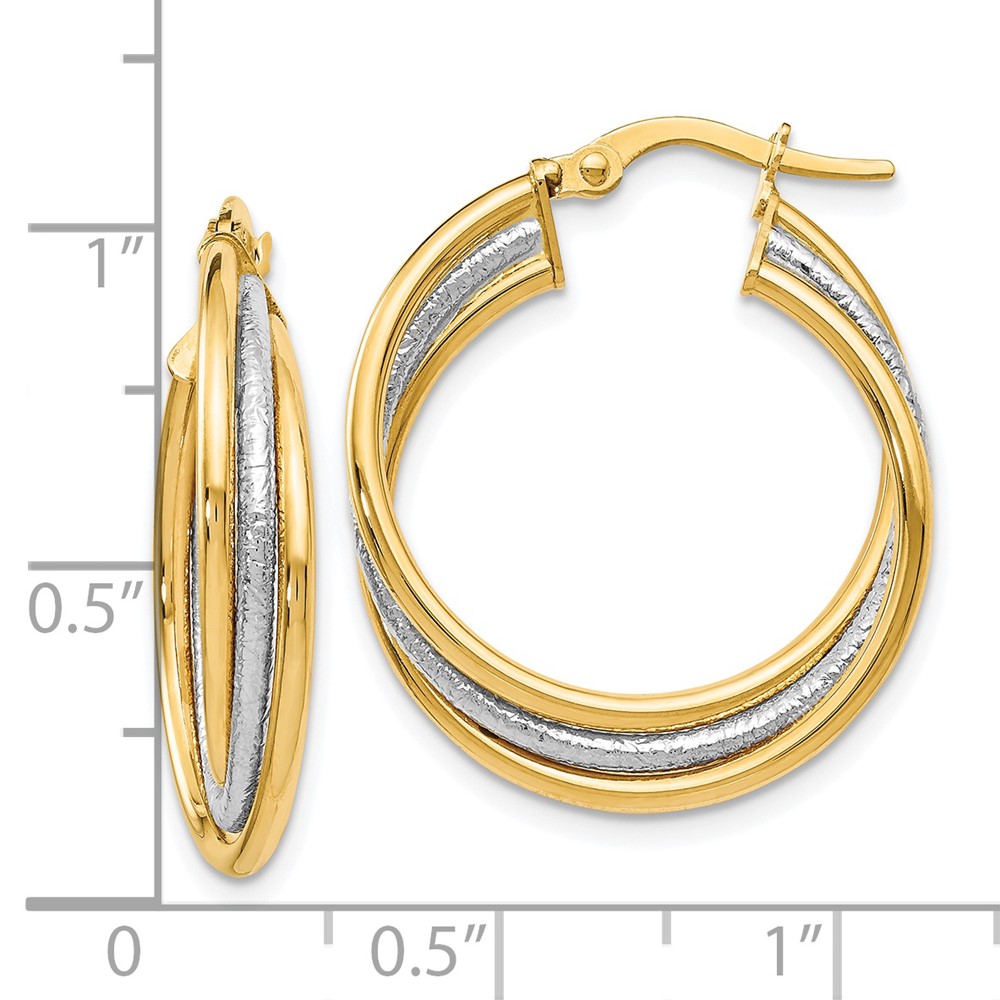 14K Two-Tone Gold Polished Textured Hoop Earrings Image 2 Brummitt Jewelry Design Studio LLC Raleigh, NC
