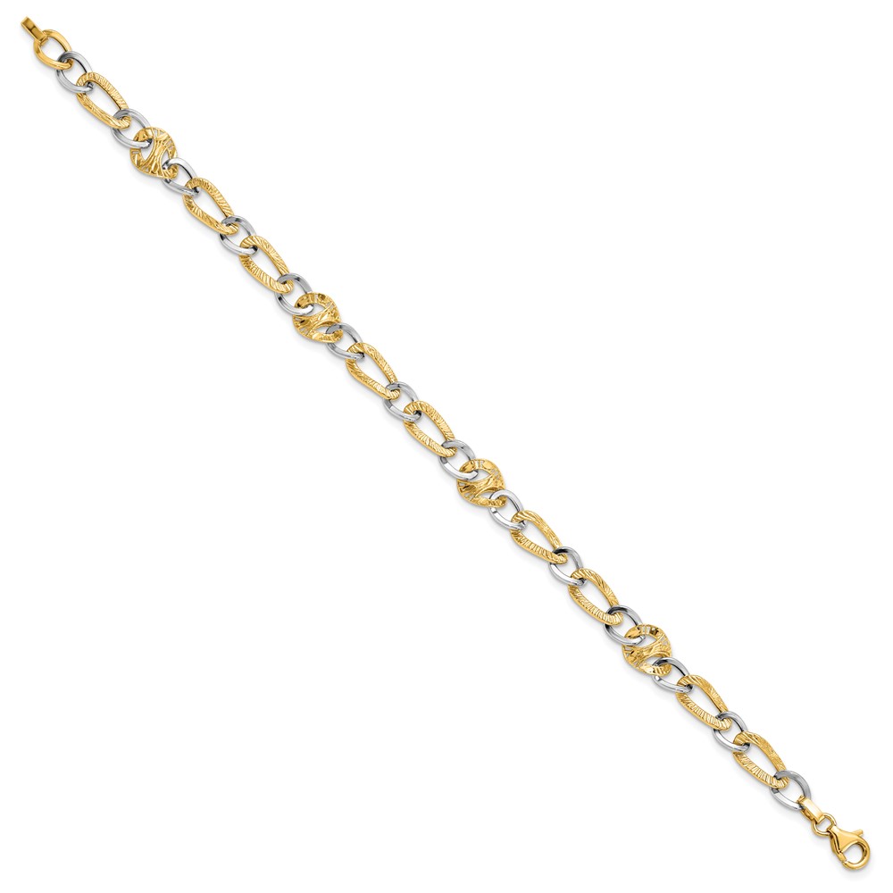 14K Two-Tone Gold Polished Textured Link Bracelet Image 2 Lennon's W.B. Wilcox Jewelers New Hartford, NY