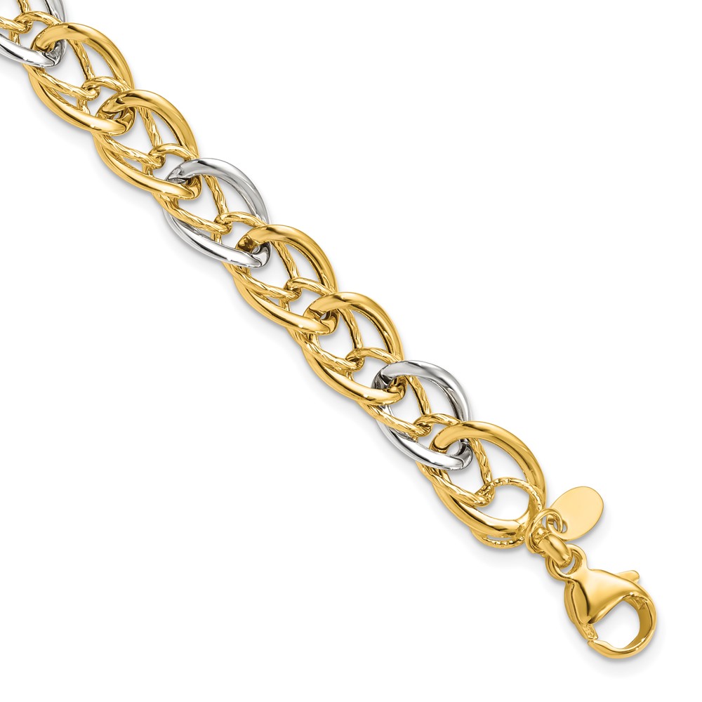 14K Two-Tone Gold Polished Textured Link Bracelet Lennon's W.B. Wilcox Jewelers New Hartford, NY