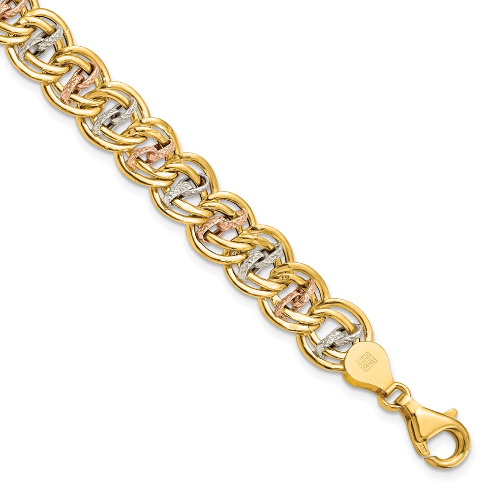 14K Tri-Color Gold Polished Textured Link Bracelet Johnson Jewellers Lindsay, ON