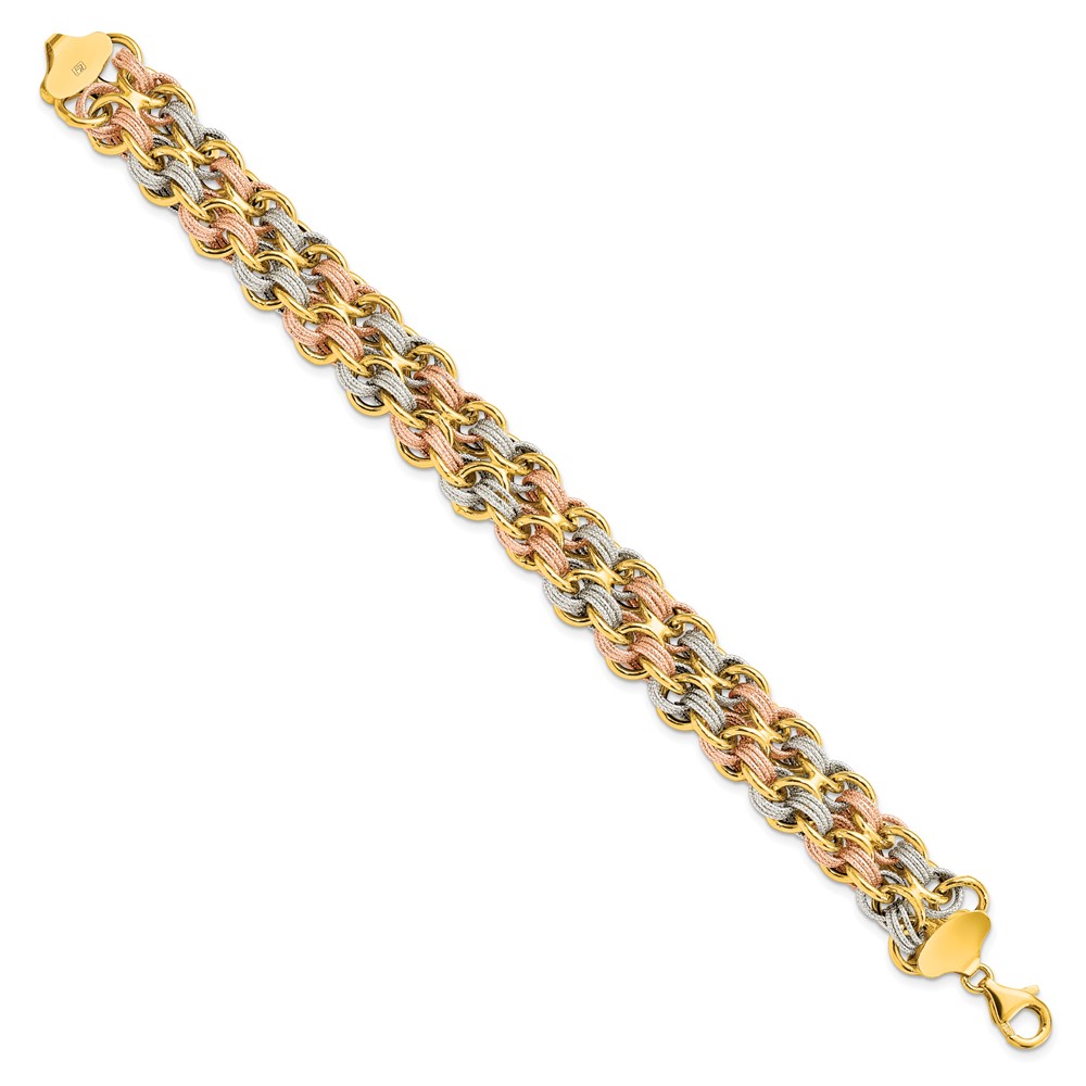 14K Tri-Color Gold Polished Textured Link Bracelet Image 2 Johnson Jewellers Lindsay, ON