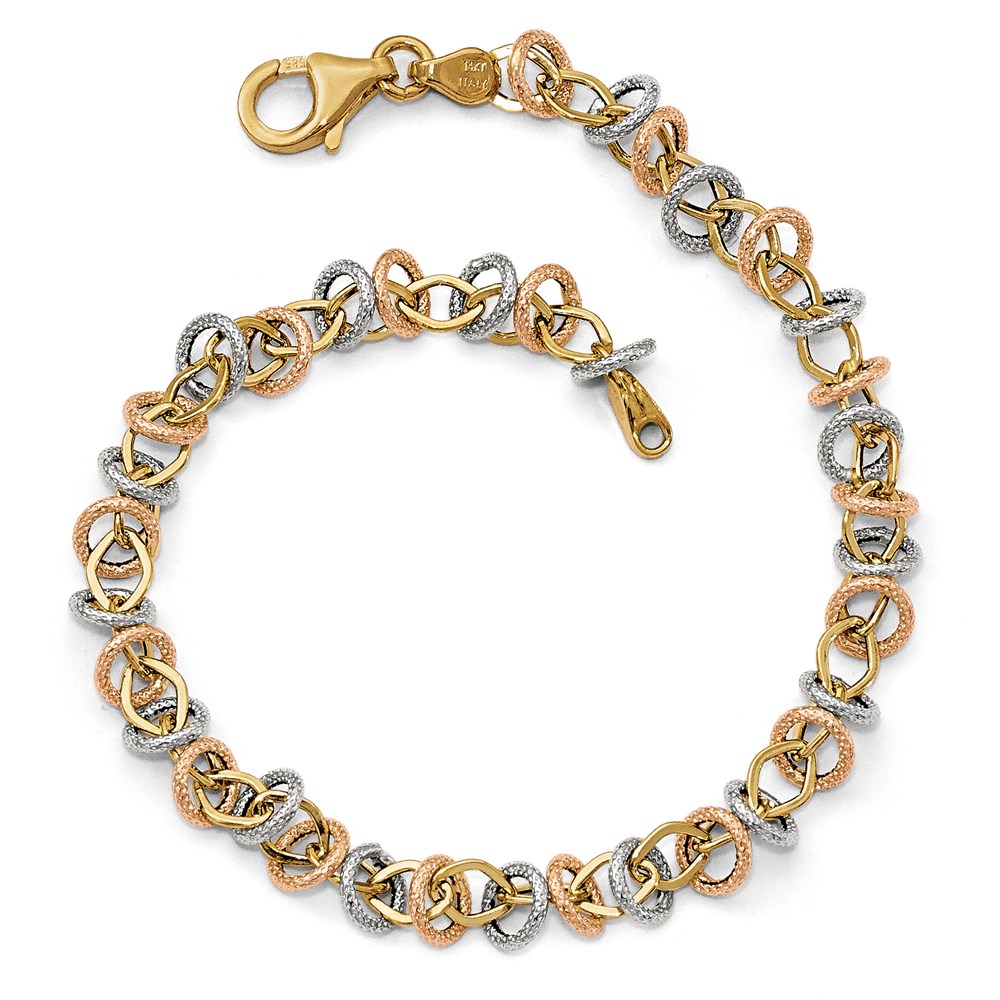 14K Tri-Color Gold Polished Textured Link Bracelet S.E. Needham Jewelers Logan, UT