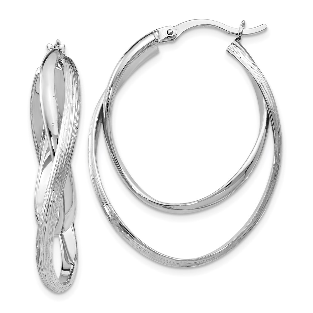 Sterling Silver Rhodium Polished Textured Hinged Hoop Earrings 