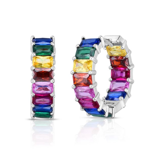 Silver Rainbow CZ Baguette Hoop Earrings John Herold Jewelers Randolph, NJ