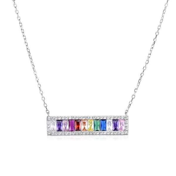 Silver Rainbow CZ Baguette Bar Necklace John Herold Jewelers Randolph, NJ