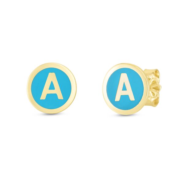 14K Turquoise Enamel A Initial Studs The Hills Jewelry LLC Worthington, OH