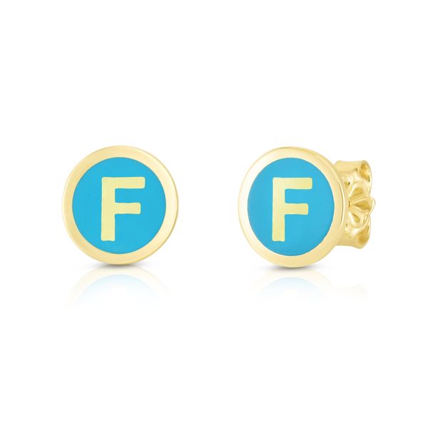 14K Turquoise Enamel F Initial Studs Enchanted Jewelry Plainfield, CT