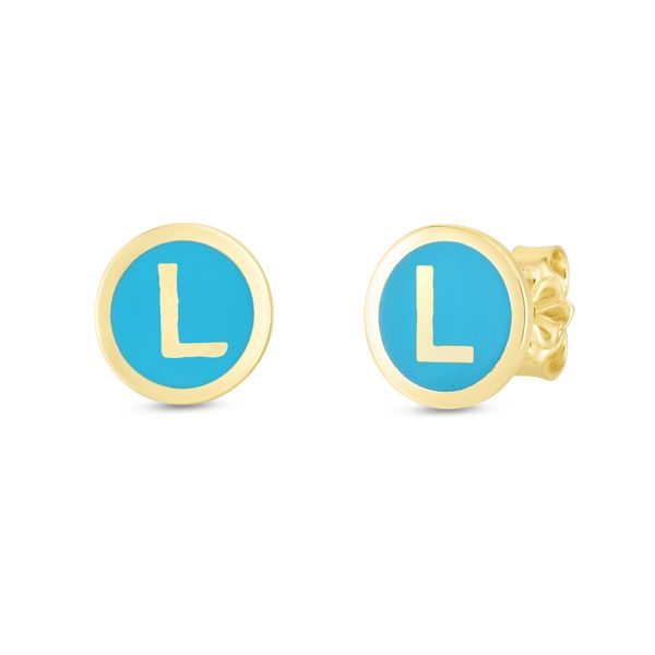 14K Turquoise Enamel L Initial Studs Lewis Jewelers, Inc. Ansonia, CT