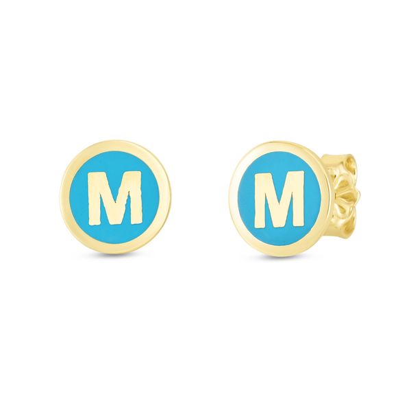 14K Turquoise Enamel M Initial Studs Enchanted Jewelry Plainfield, CT