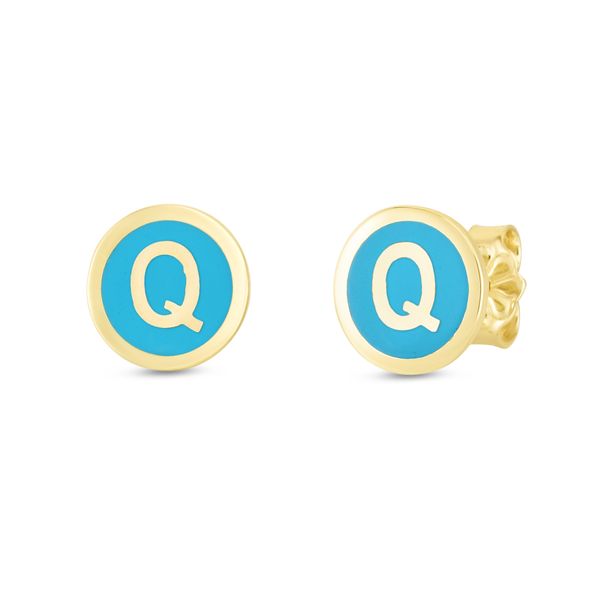14K Turquoise Enamel Q Initial Studs Enchanted Jewelry Plainfield, CT
