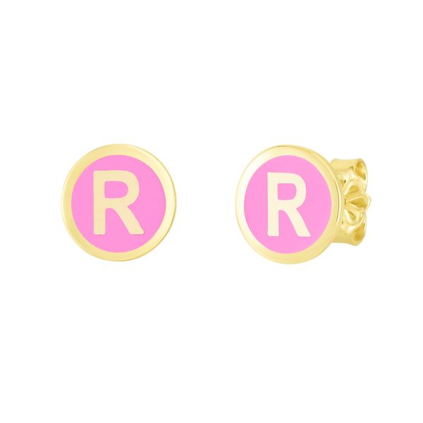 14K Pink Enamel R Initial Studs Enchanted Jewelry Plainfield, CT