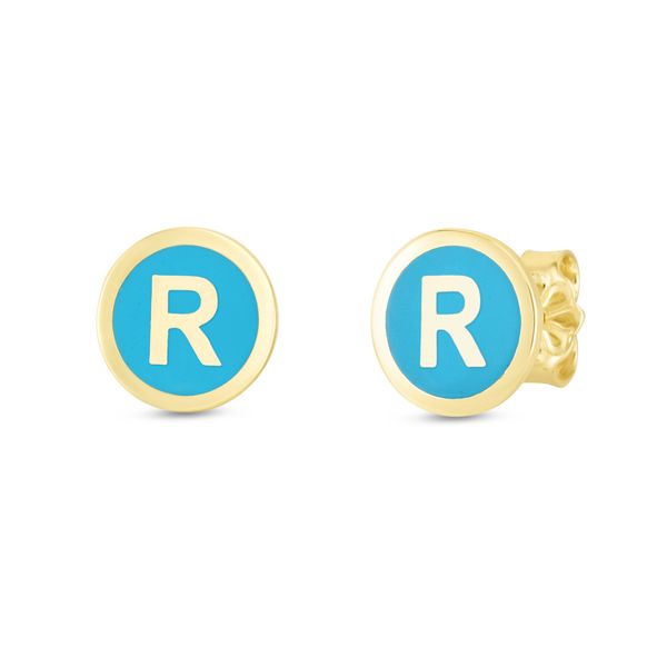 14K Turquoise Enamel R Initial Studs Enchanted Jewelry Plainfield, CT