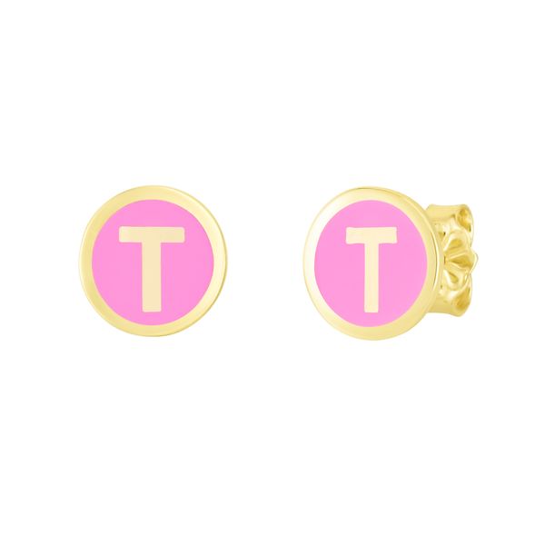 14K Pink Enamel T Initial Studs Enchanted Jewelry Plainfield, CT