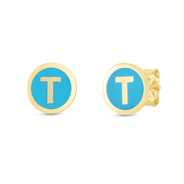 14K Turquoise Enamel T Initial Studs Enchanted Jewelry Plainfield, CT