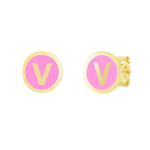 14K Pink Enamel V Initial Studs Enchanted Jewelry Plainfield, CT