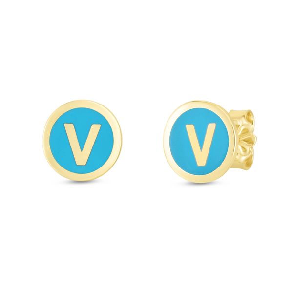14K Turquoise Enamel V Initial Studs Enchanted Jewelry Plainfield, CT