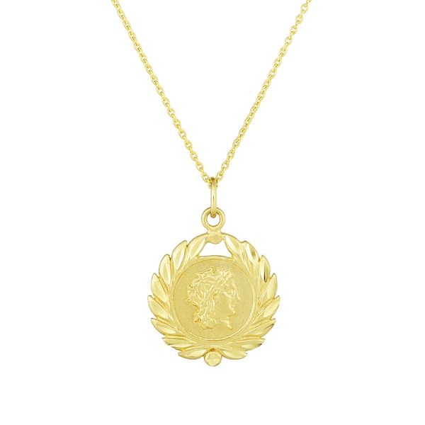 14K Gold Roman Coin & Leaf Inspired Necklace John Herold Jewelers Randolph, NJ