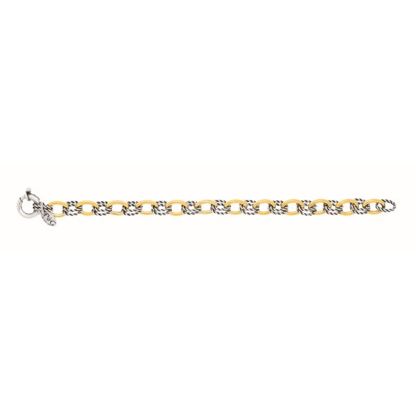 Sterling Silver & 18K Gold Italian Cable Textured Oval Link Bracelet John Herold Jewelers Randolph, NJ