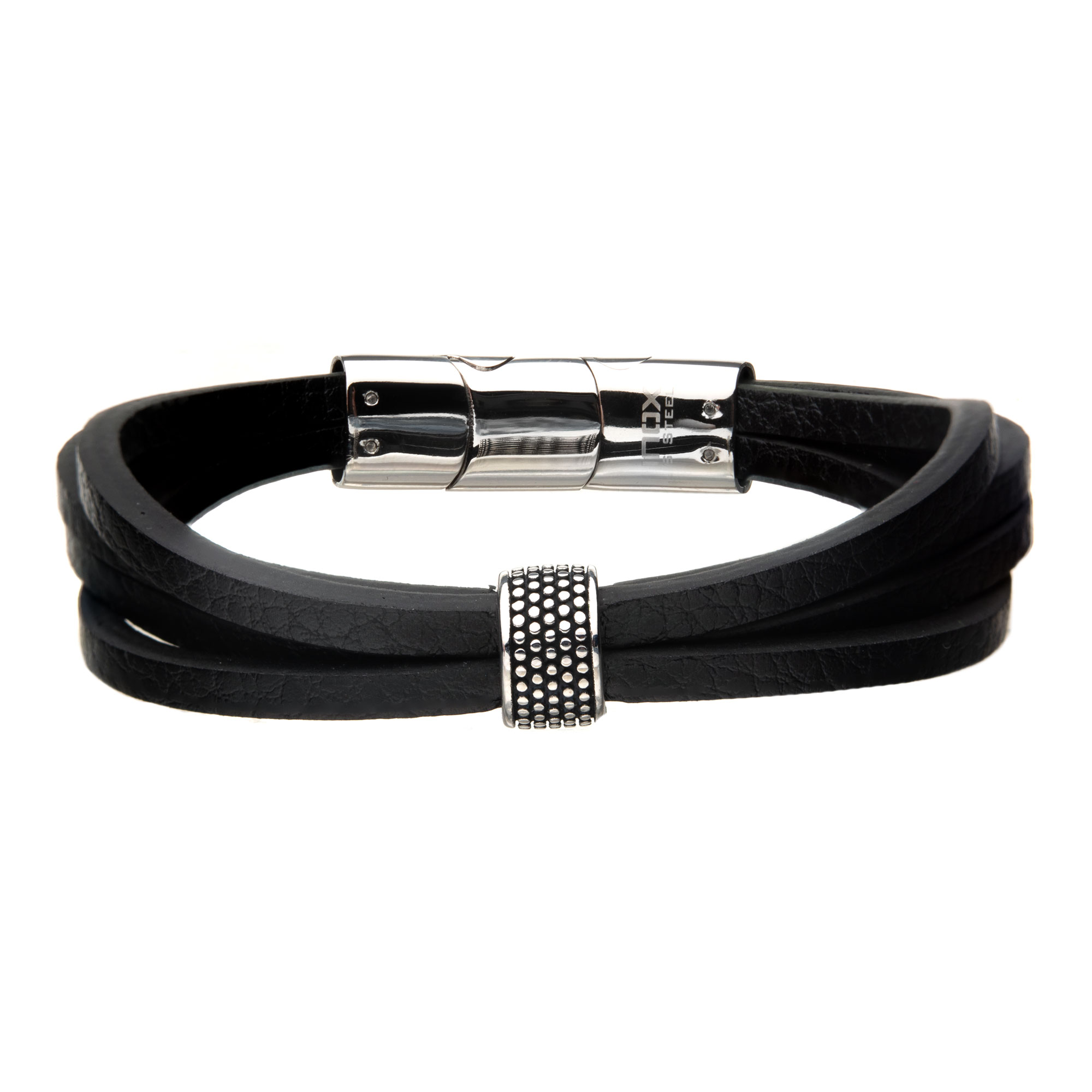Stainless Steel Wrap Around  Style Black Leather Station Bracelet Morin Jewelers Southbridge, MA