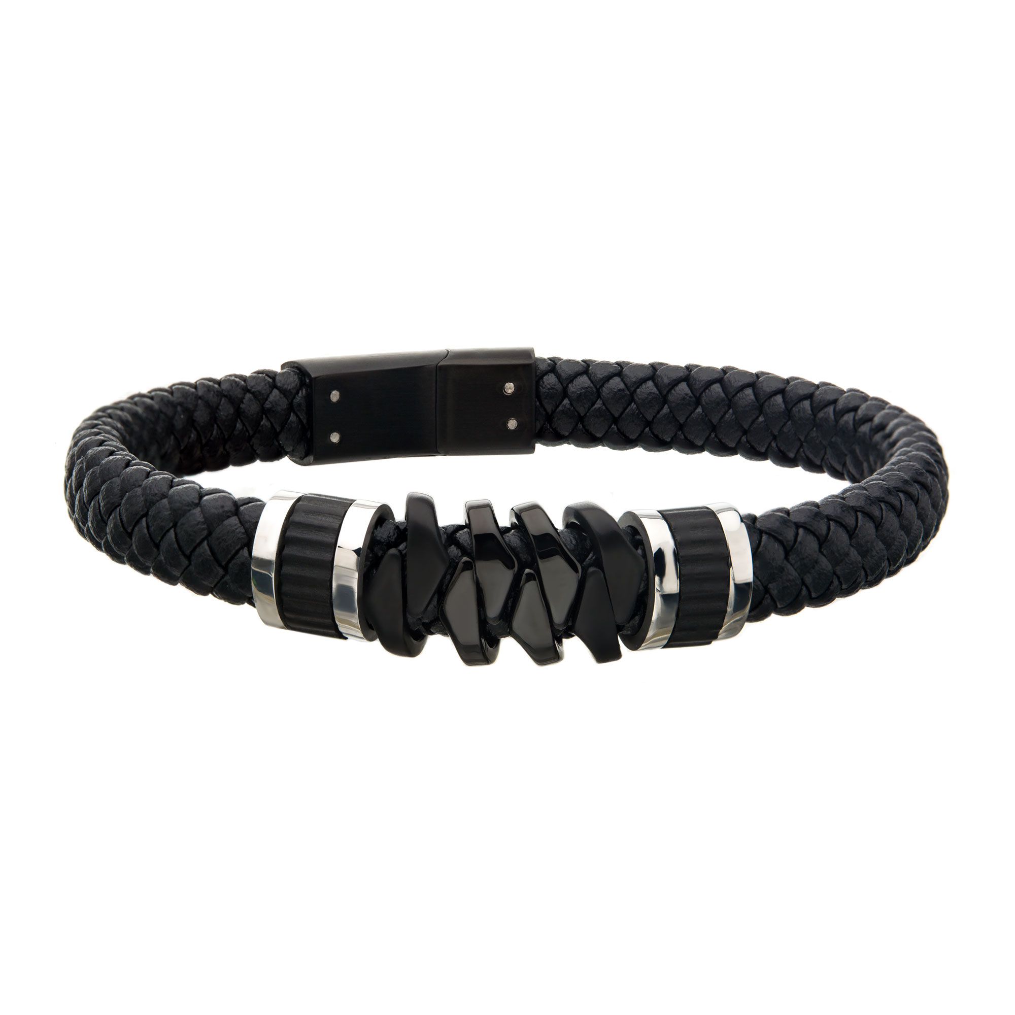 Black Braided Leather with Black IP Serrated Station Bracelet Milano Jewelers Pembroke Pines, FL