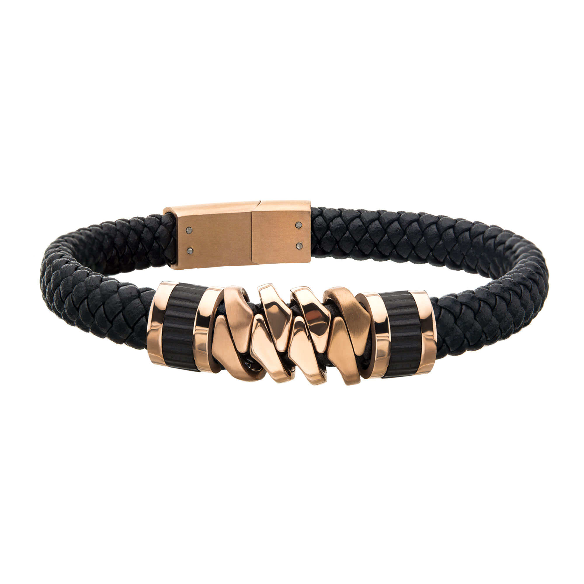 Black Braided Leather with Rose Gold IP Serrated Station Bracelet Mueller Jewelers Chisago City, MN